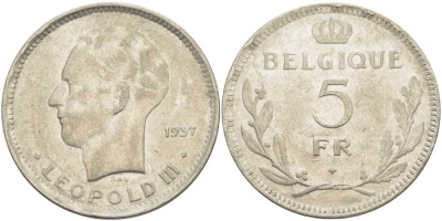 Бельгия 5 франков 1937 Леопольд III (1934-1951), Belgique KM 118 никель 3851-436