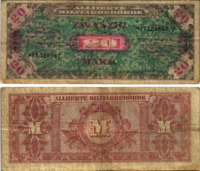 Германия, оккупация союзниками 20 марок 1944 8 цифр, без кода, выпуск СССР Pick 195 d, Розенберг 204 d бумага 8615-70-2-2