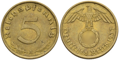 Германия 5 рейхспфеннигов 1937 A KM 91, J. 363 алюминиевая бронза 4151-744