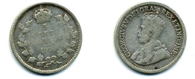 КАНАДА 5 ЦЕНТОВ 1913 ГЕОРГ V серебро 46-568