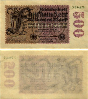 ГЕРМАНИЯ 500000000 МАРОК 1923 1 СЕНТЯБРЯ 1923, ВОДЯНОЙ ЗНАК G/D, E Pick 110d бумага аUNC 7183-22-2-2