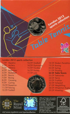Великобритания 50 пенсов 2011 XXX летние Олимпийские игры в Лондоне в 2012 году, настольный теннис, в оригинальном картонном буклете, с Олимпийской голограммой (22/29) KM 1180 медно-никель  UNC  3-6-6-15
