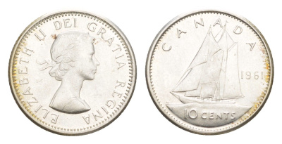 Канада 10 центов 1961 Елизавета II (1952-2022), парусник KM 51 серебро aUNC 4639-569