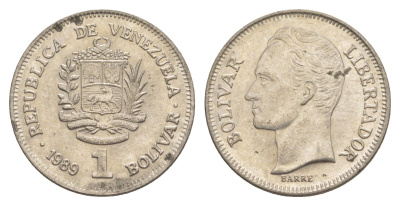 Венесуэла 1 боливар 1989 Симон Боливар, тонкий шрифт Y 52a.1 сталь плакированная никелем 4589-612