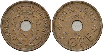 Дания 5 эре 1939 Кристиан X (1912-1947) KM 828 бронза 4148-224