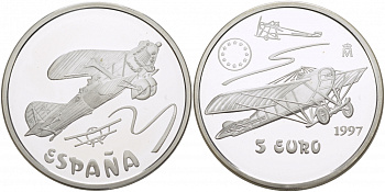 ИСПАНИЯ 5 ЕВРО 1997 ИСТОРИЯ АВИАЦИИ, САМОЛЕТ серебро PROOF 1068-3-42