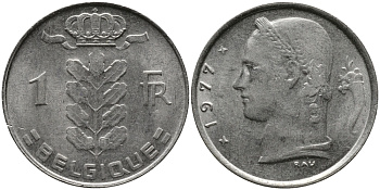 Бельгия 1 франк 1977 Belgique, Бодуэн I (1951-1993) KM 142.1 медно-никель 98-621