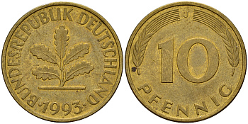 ФРГ 10 пфеннигов 1993 J J. 383, KM 108 сталь плакированная латунью    4603-711