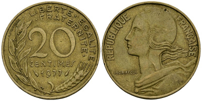 Франция 20 сантимов 1977 тип Marianne KM 930 медь алюминий никель 4135-615