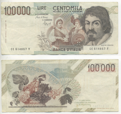 Италия 100000 лир 1983 Караваджо, фруктовый букет, подпись Stevani Pick 110а бумага 7220-6-1