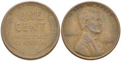 США 1 цент 1945 Линкольн KM А132 медь цинк 218-169