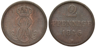 Ганновер 2 пфеннига 1846 B, Эрнст Август (1837-1851) KM 202.1, AKS 124, J. 75 медь 75-1834