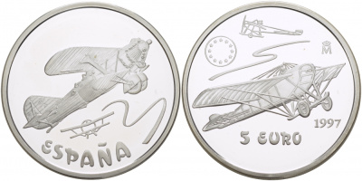 ИСПАНИЯ 5 ЕВРО 1997 ИСТОРИЯ АВИАЦИИ, САМОЛЕТ серебро PROOF 1068-3-42