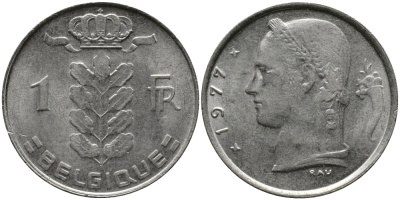 Бельгия 1 франк 1977 Belgique, Бодуэн I (1951-1993) KM 142.1 медно-никель 98-621