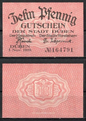 Дюбен (Пруссия, Саксония) 10 пфеннигов 1919 Mehl Grabowski D33.2b бумага UNC (пресс) 7555-59-3-2