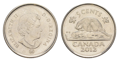 Канада 5 центов 2012 Leaf, Елизавета II (1952-2022), бобр KM 491 сталь плакированная никелем UNC 4630-768