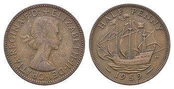 Великобритания 1/2 пенни 1959 Елизавета II (1952-2022) KM 896, Spink 4158 бронза 4662-1146