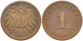 ГЕРМАНИЯ 1 ПФЕННИГ 1906 F KM 10, J. 10, Weege 2 медь 211-334