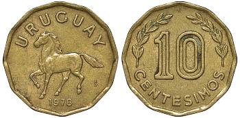 Уругвай 10 сентесимо 1978 KM 66 алюминиевая бронза 4164-767