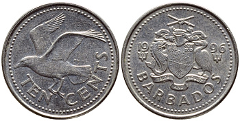 Барбадос 10 центов 1996 смеющаяся (Ацтекская) чайка KM 12 медно-никель 4396-1232