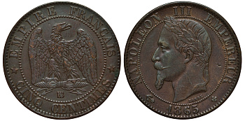 ФРАНЦИЯ 5 САНТИМОВ 1865 BB, НАПОЛЕОН III (1852-1870) KM 797.2, LE FRANC 117.15 бронза 441-1535