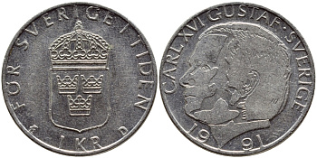 Швеция 1 крона 1991 Карл XVI Густав (1973- ) KM 852a медно-никель 4384-147