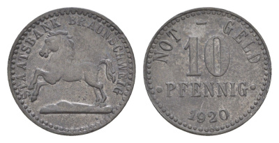 Брауншвейг 10 пфеннигов 1920 Funck 56.8, Men05 3477.2, Men18 4416.2 цинк 4636-944