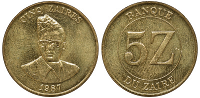 Заир 5 заиров 1987 Мобуту Сесе Секо KM 14 латунь UNC M52-03