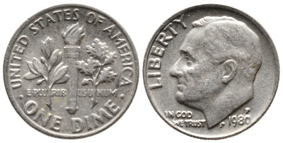 США 10 центов = дайм 1980 P, Рузвельт KM 195а медь плакированная медно-никелем 73-1738