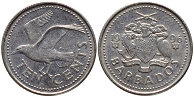 Барбадос 10 центов 1996 смеющаяся (Ацтекская) чайка KM 12 медно-никель 4396-1232