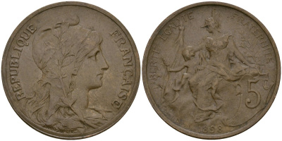 Франция 5 сантимов 1898 KM 842, Le Franc 119.5 бронза 4168-1045
