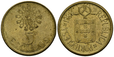 Португалия 5 эскудо 1988 KM 632 никель латунь 4138-215