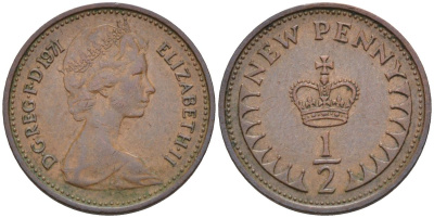 Великобритания 1/2 пенни 1971 Елизавета II (1952-2022) KM 914, Spink 4239 бронза 4115-658