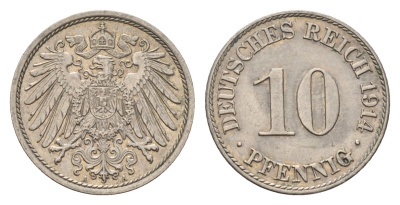 Германия 10 пфеннигов 1914 A, Вильгельм II (1888-1918) KM 12, J. 13 медно-никель 4636-1027