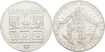 Австрия 100 шиллингов 1974 XII зимние Олимпийские игры в Инсбруке, лыжник KM 2928 серебро 4552-1025
