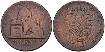 Бельгия 2 сантима 1862 KM 4 медь 190-927