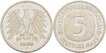 ФРГ 5 МАРОК 1989 F, KM 140.1 медно-никель плакированный никелем 115-822