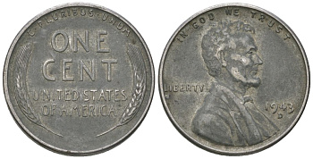 США 1 цент 1943 D, Авраам Линкольн KM 132 a сталь покрытая цинком 214-257