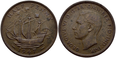 Великобритания 1/2 пенни 1947 Георг VI (1936-1952) KM 844, Spink 4115 бронза 62-337