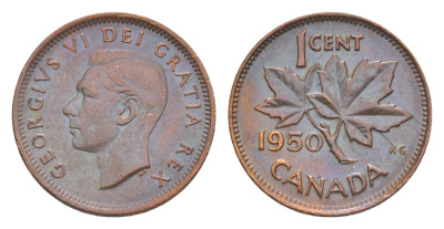 Канада 1 цент 1950 Георг VI (1936-1952), кленовый лист KM 41 бронза 4639-266