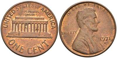 США 1 цент 1971 D, Линкольн KM 201 медь цинк 4115-915