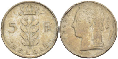 БЕЛЬГИЯ 5 ФРАНКОВ 1949 BELGIE, ЛЕОПОЛЬД III (1934-1950) KM 135.1 медно-никель 4364-1012