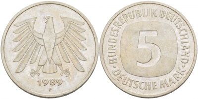 ФРГ 5 МАРОК 1989 F, KM 140.1 медно-никель плакированный никелем 115-822