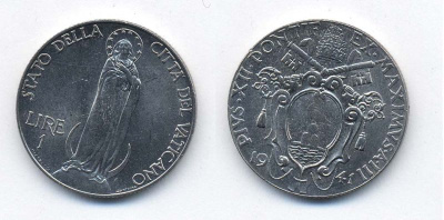 Ватикан 1 лира 1941 Пий XII, Дева Мария KM 26 a сталь UNC 41-422