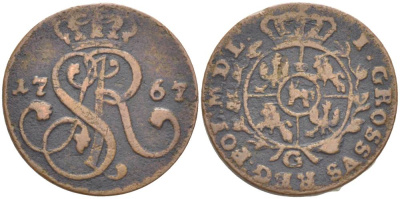 Польша 1 грош 1767 G, Станислав Август Понятовский (1764-1794), вес 3,44 гр. KM 177 (C38), Gumowski 2342 медь 1517-833