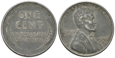 США 1 цент 1943 D, Авраам Линкольн KM 132 a сталь покрытая цинком 214-257