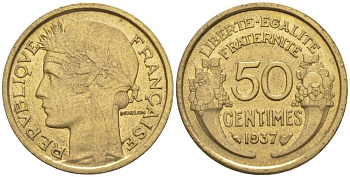 ФРАНЦИЯ 50 САНТИМОВ 1937 ТИП MORLON KM 894.1, LE FRANC 192.13 алюминиевая бронза 44-744