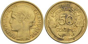 ФРАНЦИЯ 50 САНТИМОВ 1939 ТИП MORLON KM 894.1, LE FRANC 192.15 алюминиевая бронза 44-822