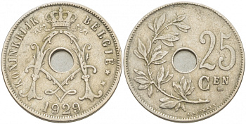 БЕЛЬГИЯ 25 САНТИМОВ 1929 BELGIE KM 69 медно-никель 87-1543