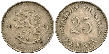 Финляндия 25 пенни 1921 Н KM 25 медно-никель 96-546